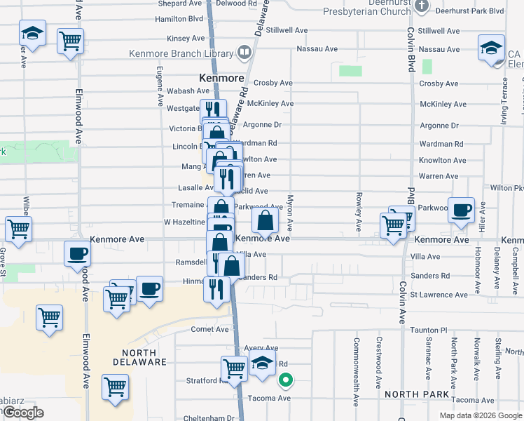 map of restaurants, bars, coffee shops, grocery stores, and more near 65 Parkwood Avenue in Kenmore