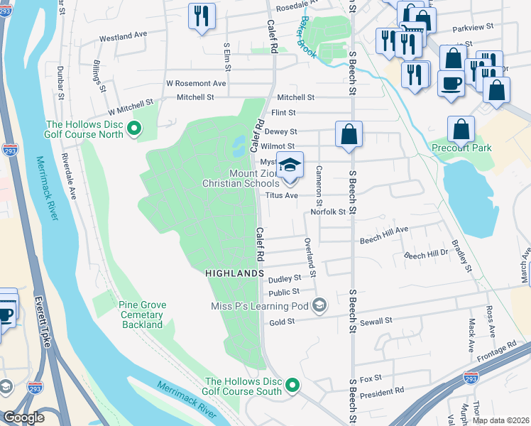 map of restaurants, bars, coffee shops, grocery stores, and more near 525 Calef Road in Manchester