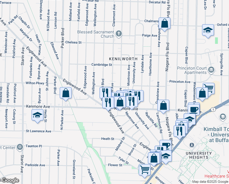 map of restaurants, bars, coffee shops, grocery stores, and more near 59 Claremont Ave in Buffalo