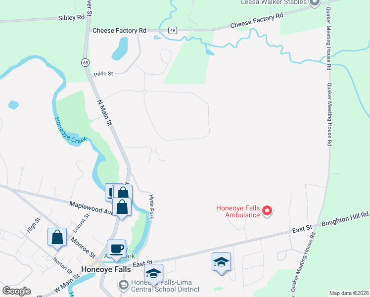 map of restaurants, bars, coffee shops, grocery stores, and more near 65 Village Trail in Honeoye Falls