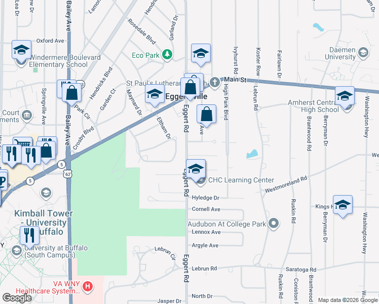 map of restaurants, bars, coffee shops, grocery stores, and more near 1155 Eggert Road in Buffalo