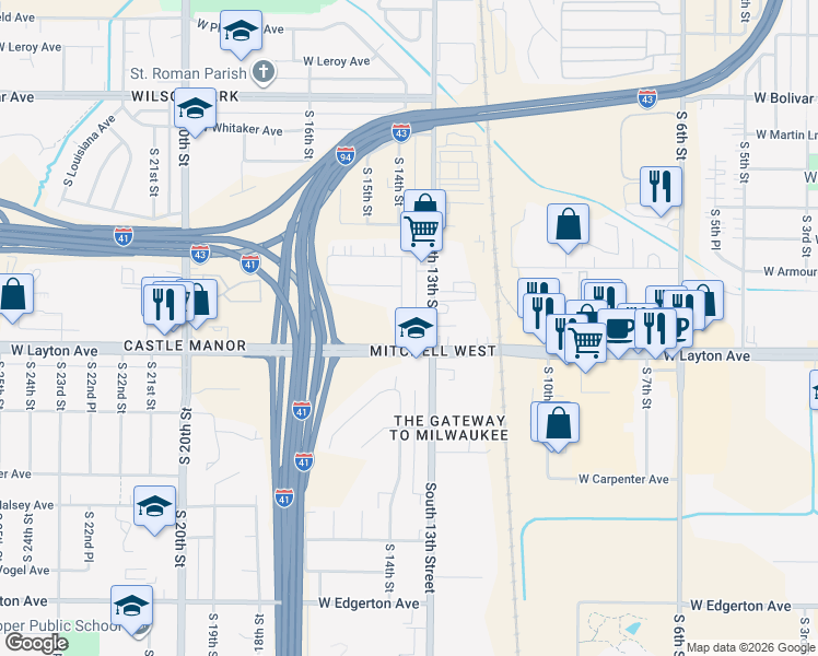 map of restaurants, bars, coffee shops, grocery stores, and more near 4654 South 14th Street in Milwaukee