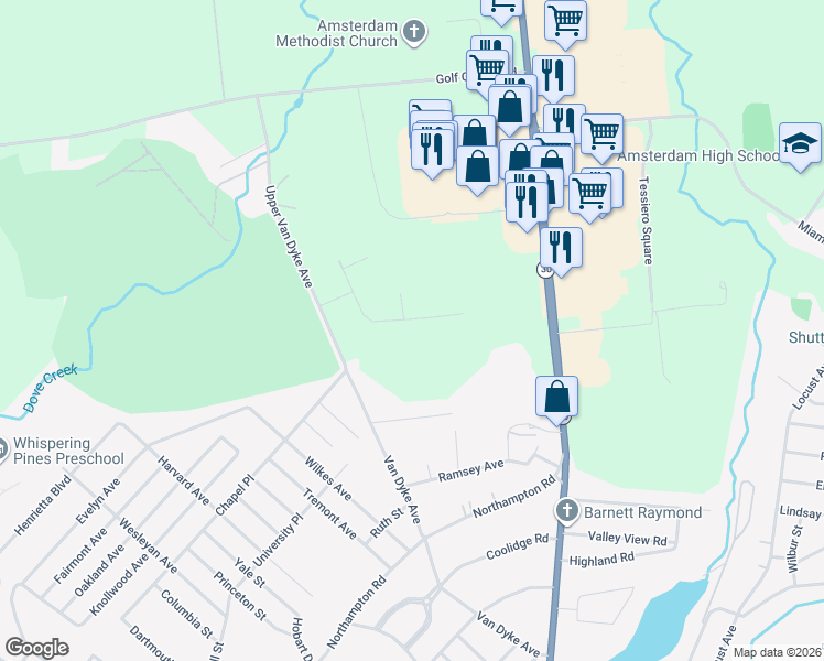 map of restaurants, bars, coffee shops, grocery stores, and more near 144 Country Ridge Dr in Amsterdam