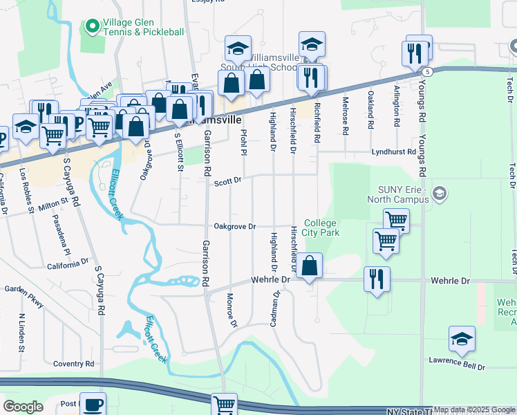 map of restaurants, bars, coffee shops, grocery stores, and more near 52 Columbia Drive in Buffalo