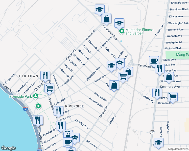 map of restaurants, bars, coffee shops, grocery stores, and more near 53 Wyandotte Ave in Buffalo