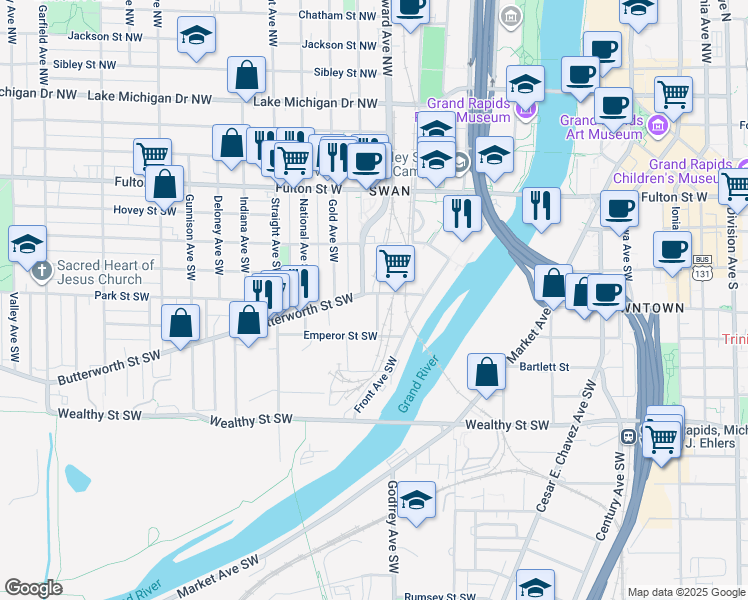 map of restaurants, bars, coffee shops, grocery stores, and more near 612 Butterworth Street Southwest in Grand Rapids