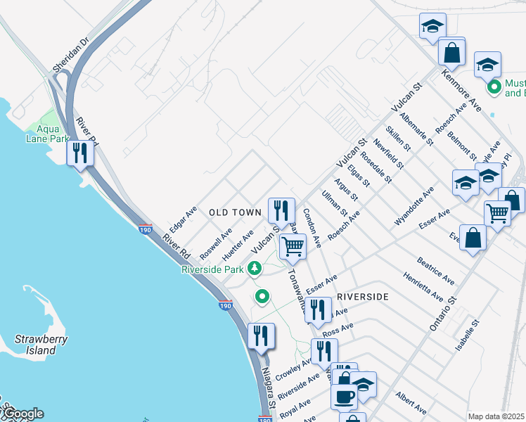 map of restaurants, bars, coffee shops, grocery stores, and more near 1175 Tonawanda Street in Buffalo