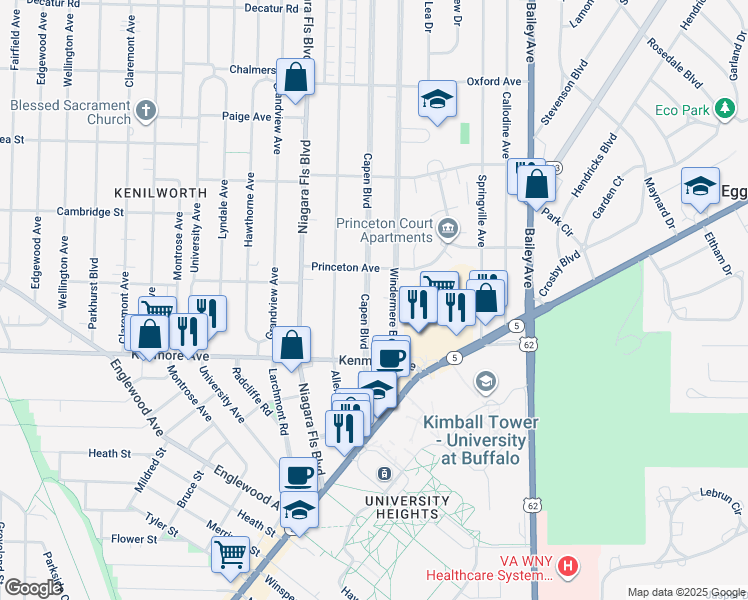 map of restaurants, bars, coffee shops, grocery stores, and more near 131 Capen Boulevard in Buffalo