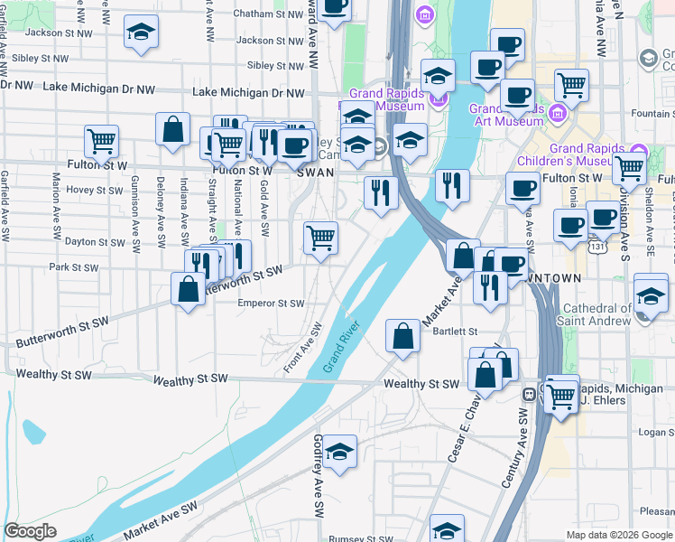 map of restaurants, bars, coffee shops, grocery stores, and more near 201 Front Avenue Southwest in Grand Rapids
