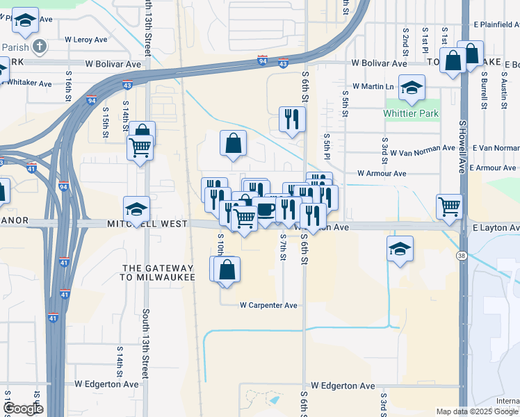 map of restaurants, bars, coffee shops, grocery stores, and more near 800 West Layton Avenue in Milwaukee