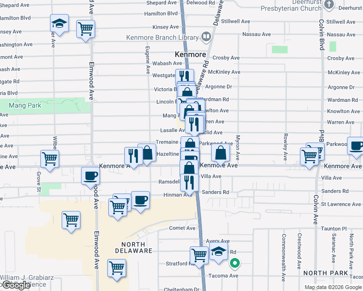 map of restaurants, bars, coffee shops, grocery stores, and more near 42 Tremaine Avenue in Buffalo