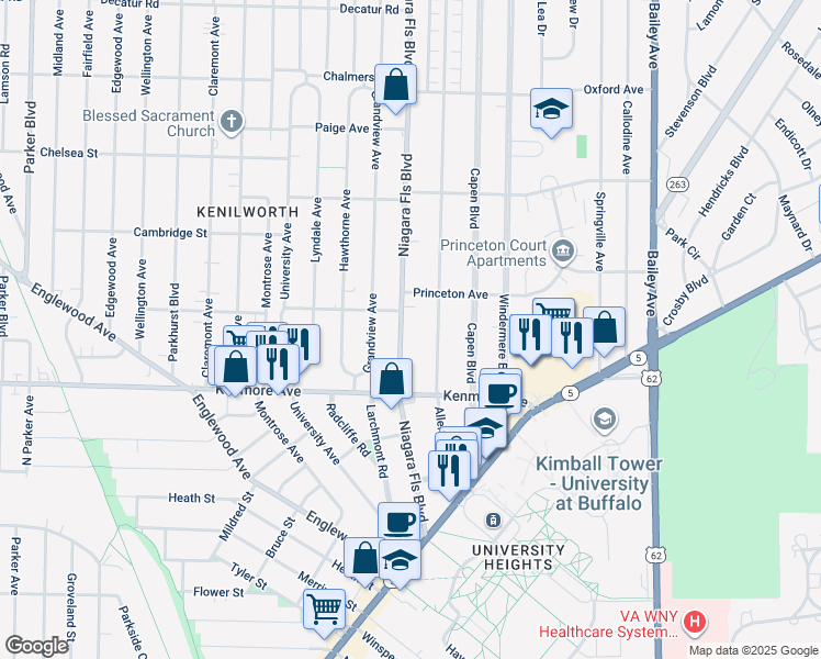 map of restaurants, bars, coffee shops, grocery stores, and more near 213 Niagara Falls Boulevard in Buffalo