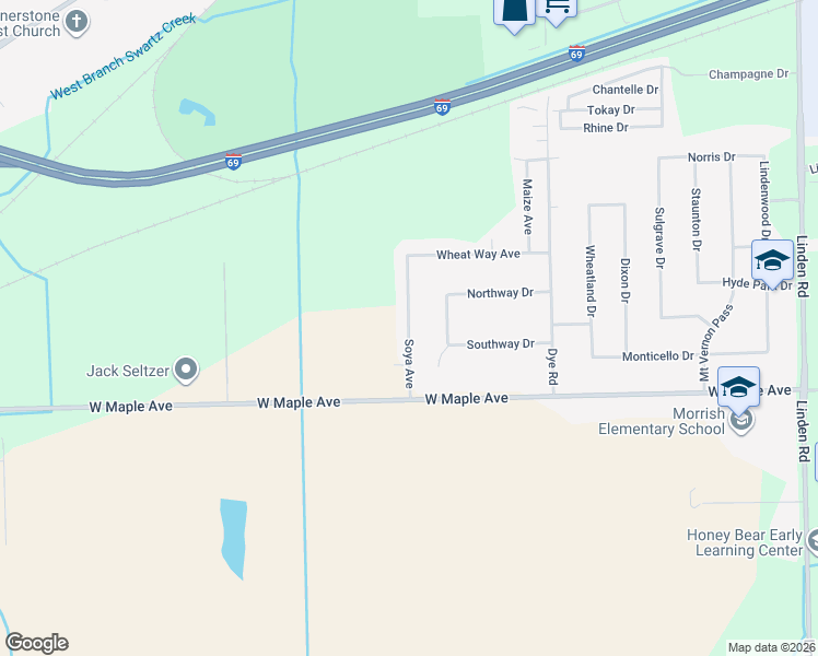 map of restaurants, bars, coffee shops, grocery stores, and more near 4453 Soya Avenue in Swartz Creek