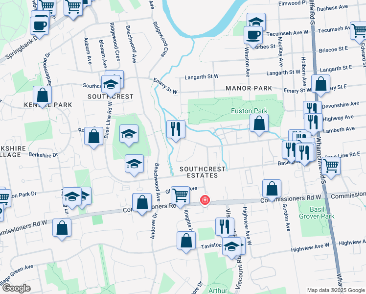 map of restaurants, bars, coffee shops, grocery stores, and more near 13 Centre Crescent in London