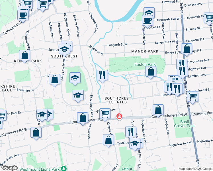 map of restaurants, bars, coffee shops, grocery stores, and more near 13 Centre Crescent in London