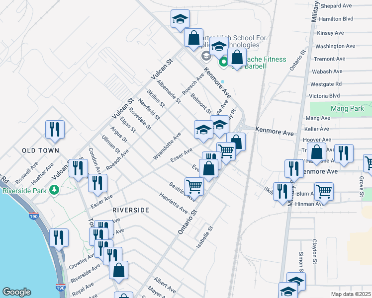 map of restaurants, bars, coffee shops, grocery stores, and more near 358 Esser Ave in Buffalo