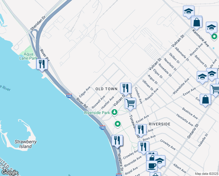 map of restaurants, bars, coffee shops, grocery stores, and more near 1200 Tonawanda Street in Buffalo