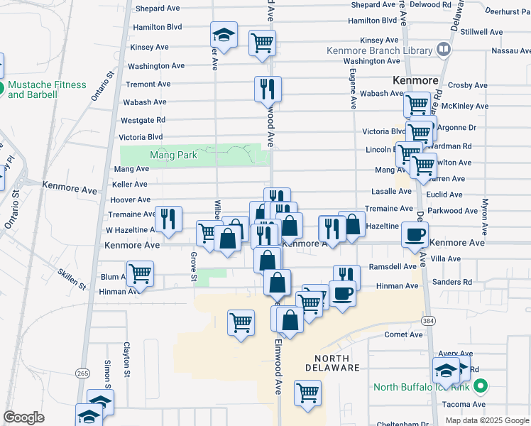 map of restaurants, bars, coffee shops, grocery stores, and more near 250 Tremaine Avenue in Kenmore