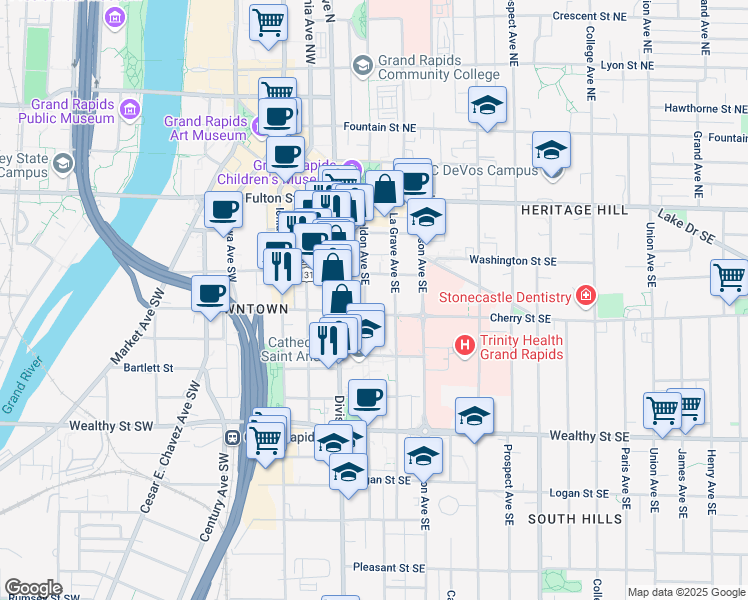 map of restaurants, bars, coffee shops, grocery stores, and more near 114 Sheldon Boulevard Southeast in Grand Rapids
