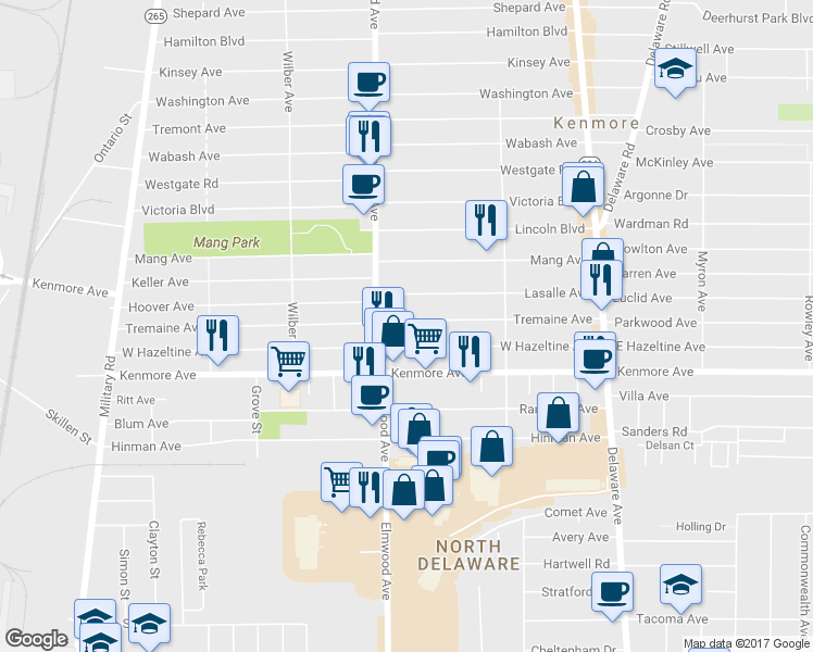 map of restaurants, bars, coffee shops, grocery stores, and more near 206 Tremaine Avenue in Kenmore
