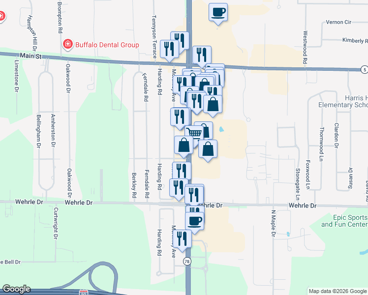 map of restaurants, bars, coffee shops, grocery stores, and more near 7066 Transit Road in Buffalo