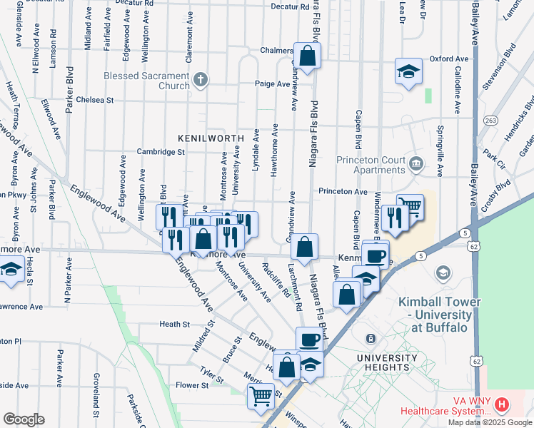 map of restaurants, bars, coffee shops, grocery stores, and more near 60 Hawthorne Avenue in Buffalo