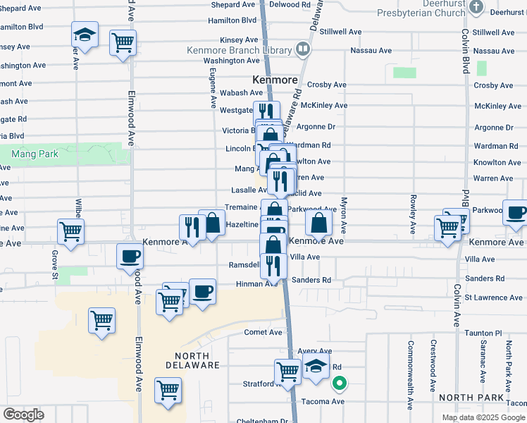 map of restaurants, bars, coffee shops, grocery stores, and more near 2776 Delaware Avenue in Kenmore