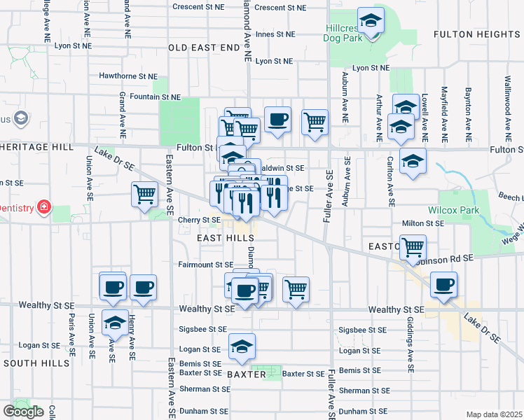 map of restaurants, bars, coffee shops, grocery stores, and more near 1005 Lake Drive Southeast in Grand Rapids