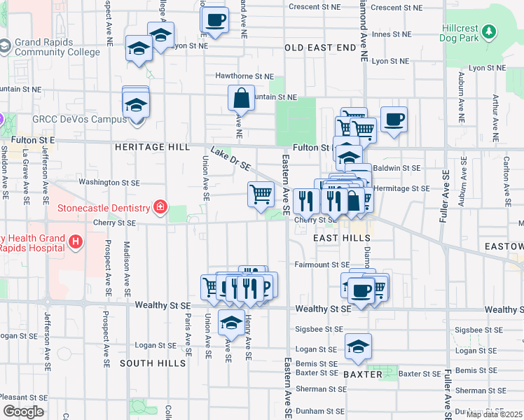 map of restaurants, bars, coffee shops, grocery stores, and more near 123 Packard Avenue Southeast in Grand Rapids