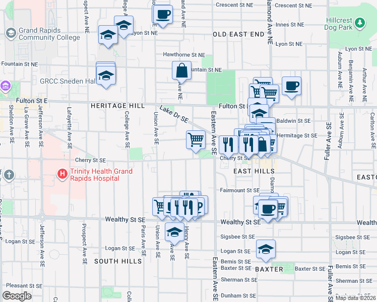 map of restaurants, bars, coffee shops, grocery stores, and more near 123 Packard Avenue Southeast in Grand Rapids