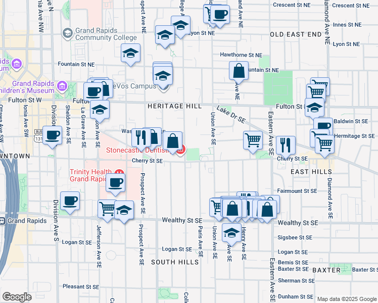 map of restaurants, bars, coffee shops, grocery stores, and more near 505 Cherry Street Southeast in Grand Rapids