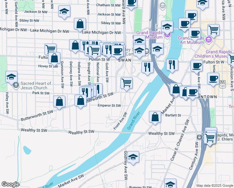 map of restaurants, bars, coffee shops, grocery stores, and more near 612 Butterworth Street Southwest in Grand Rapids