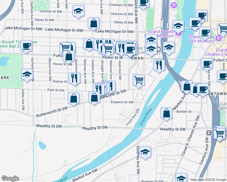 map of restaurants, bars, coffee shops, grocery stores, and more near 156 National Avenue Southwest in Grand Rapids