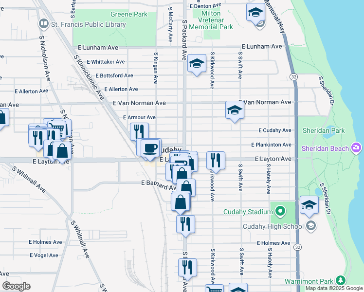 map of restaurants, bars, coffee shops, grocery stores, and more near in Cudahy