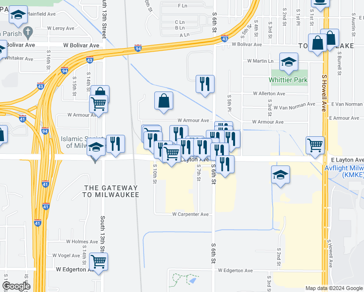 map of restaurants, bars, coffee shops, grocery stores, and more near 800 West Layton Avenue in Milwaukee