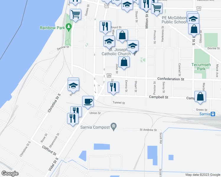 map of restaurants, bars, coffee shops, grocery stores, and more near 135 Samuel Street in Sarnia