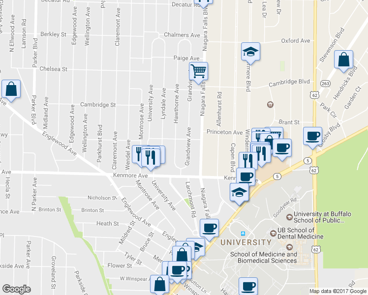 map of restaurants, bars, coffee shops, grocery stores, and more near 58 Grandview Avenue in Buffalo