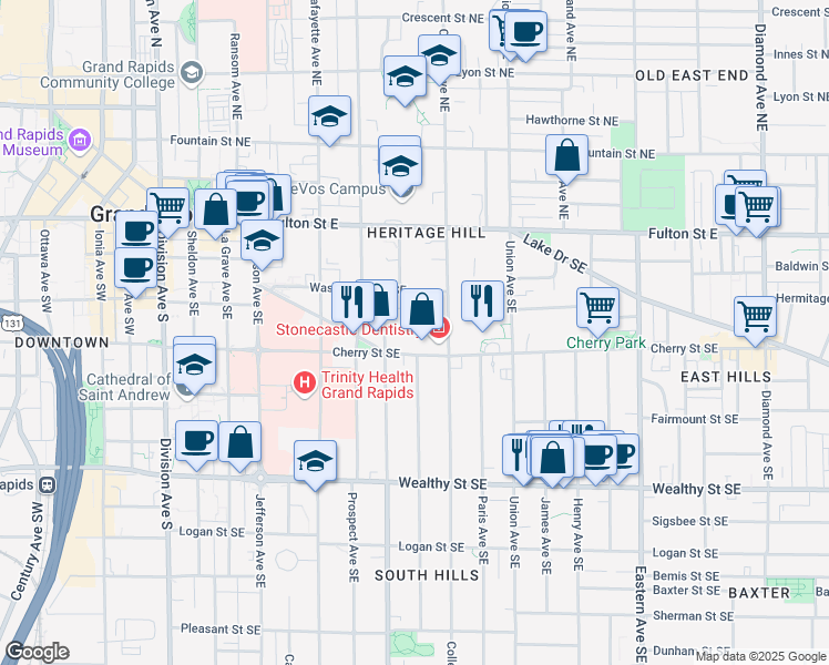 map of restaurants, bars, coffee shops, grocery stores, and more near 425 Cherry Street Southeast in Grand Rapids