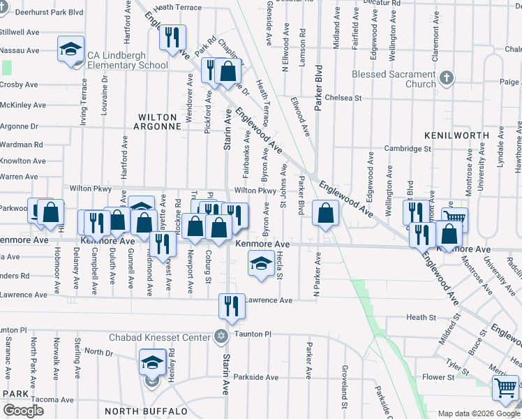 map of restaurants, bars, coffee shops, grocery stores, and more near 54 Byron Avenue in Buffalo