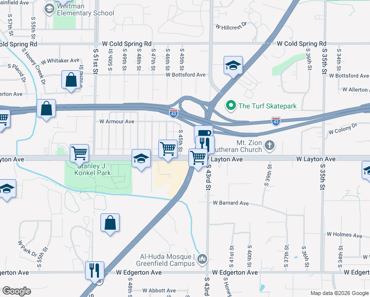 map of restaurants, bars, coffee shops, grocery stores, and more near 4674 South 45th Street in Greenfield