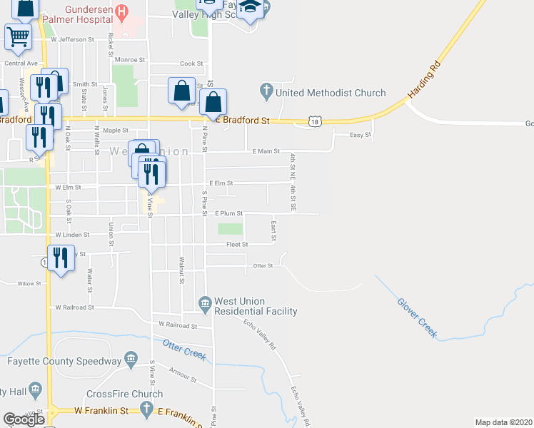 map of restaurants, bars, coffee shops, grocery stores, and more near 400 E Plum St in West Union