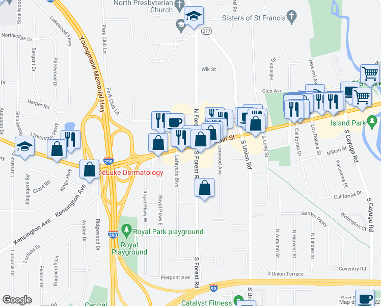 map of restaurants, bars, coffee shops, grocery stores, and more near 5165 Main Street in Williamsville