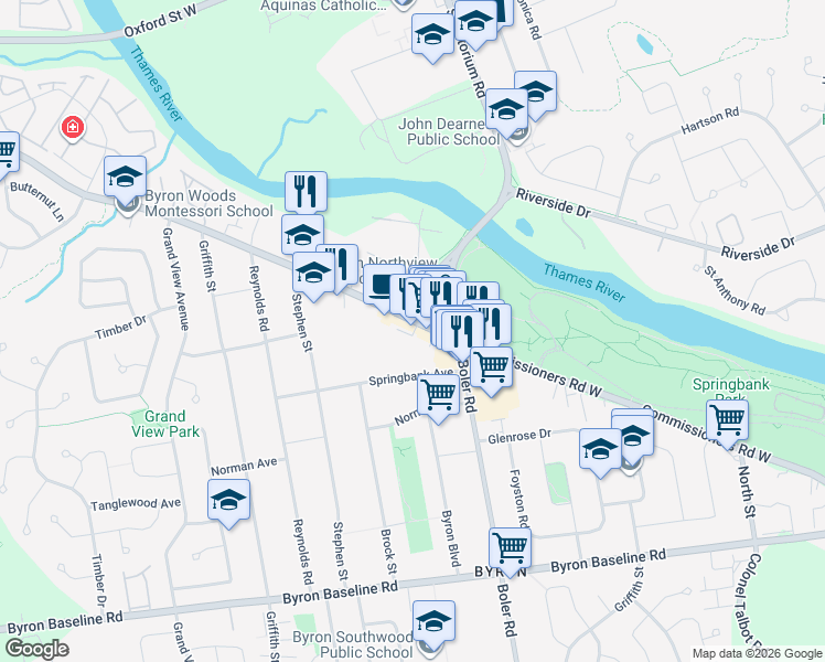 map of restaurants, bars, coffee shops, grocery stores, and more near 1304 Commissioners Road West in London