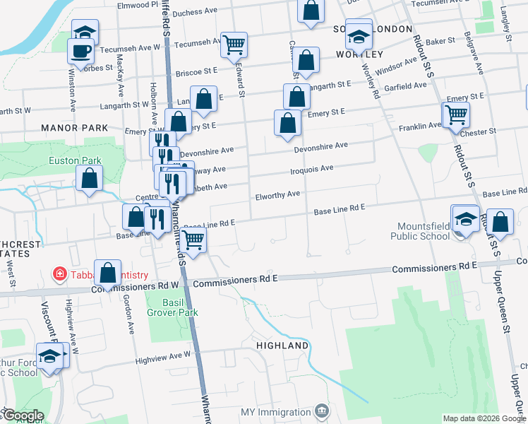map of restaurants, bars, coffee shops, grocery stores, and more near 108 Base Line Road East in London