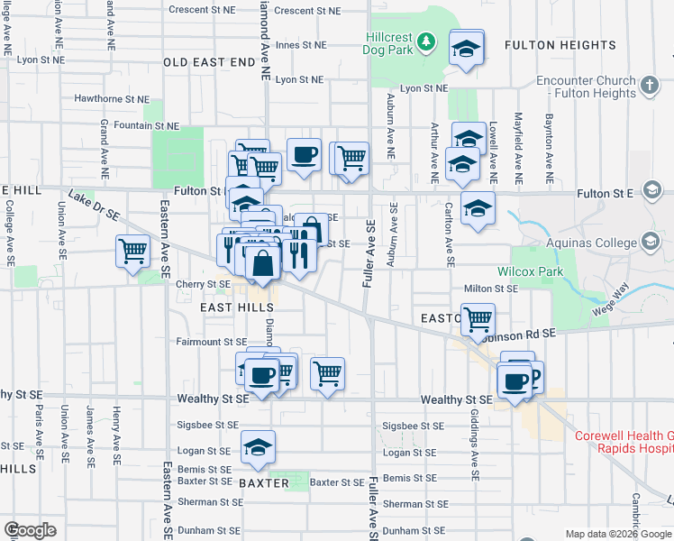 map of restaurants, bars, coffee shops, grocery stores, and more near 131 Fitzhugh Avenue Southeast in Grand Rapids