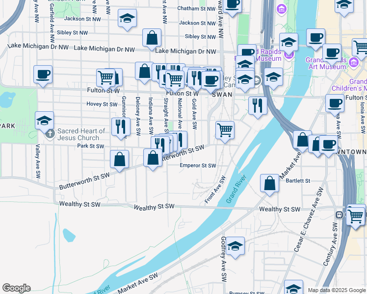 map of restaurants, bars, coffee shops, grocery stores, and more near 156 National Avenue Southwest in Grand Rapids