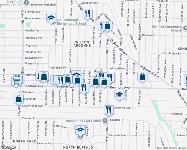 map of restaurants, bars, coffee shops, grocery stores, and more near 54 Truesdale Road in Buffalo