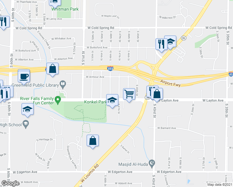 map of restaurants, bars, coffee shops, grocery stores, and more near 4677 South 47th Street in Greenfield