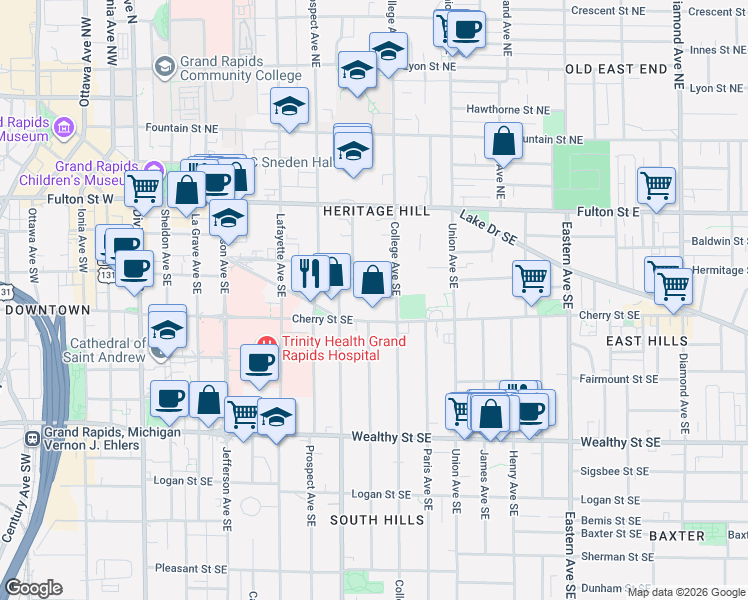 map of restaurants, bars, coffee shops, grocery stores, and more near 441 Cherry Street Southeast in Grand Rapids