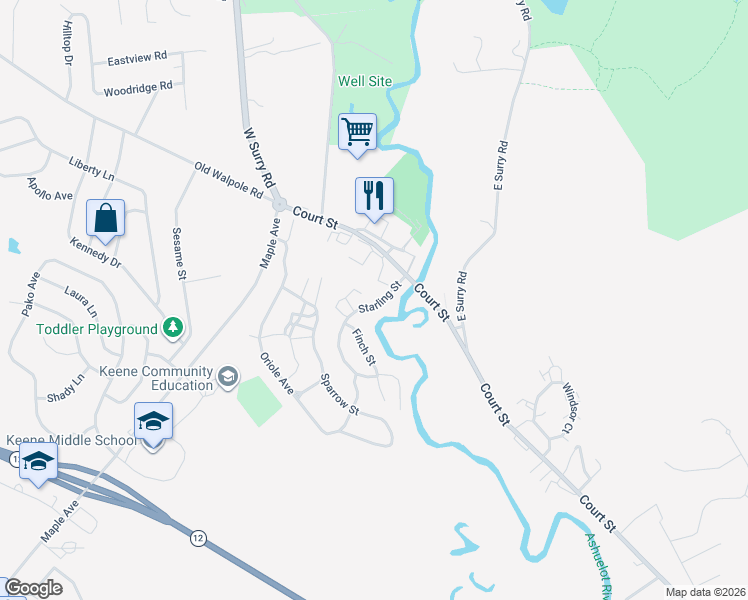 map of restaurants, bars, coffee shops, grocery stores, and more near 5 Starling Street in Keene
